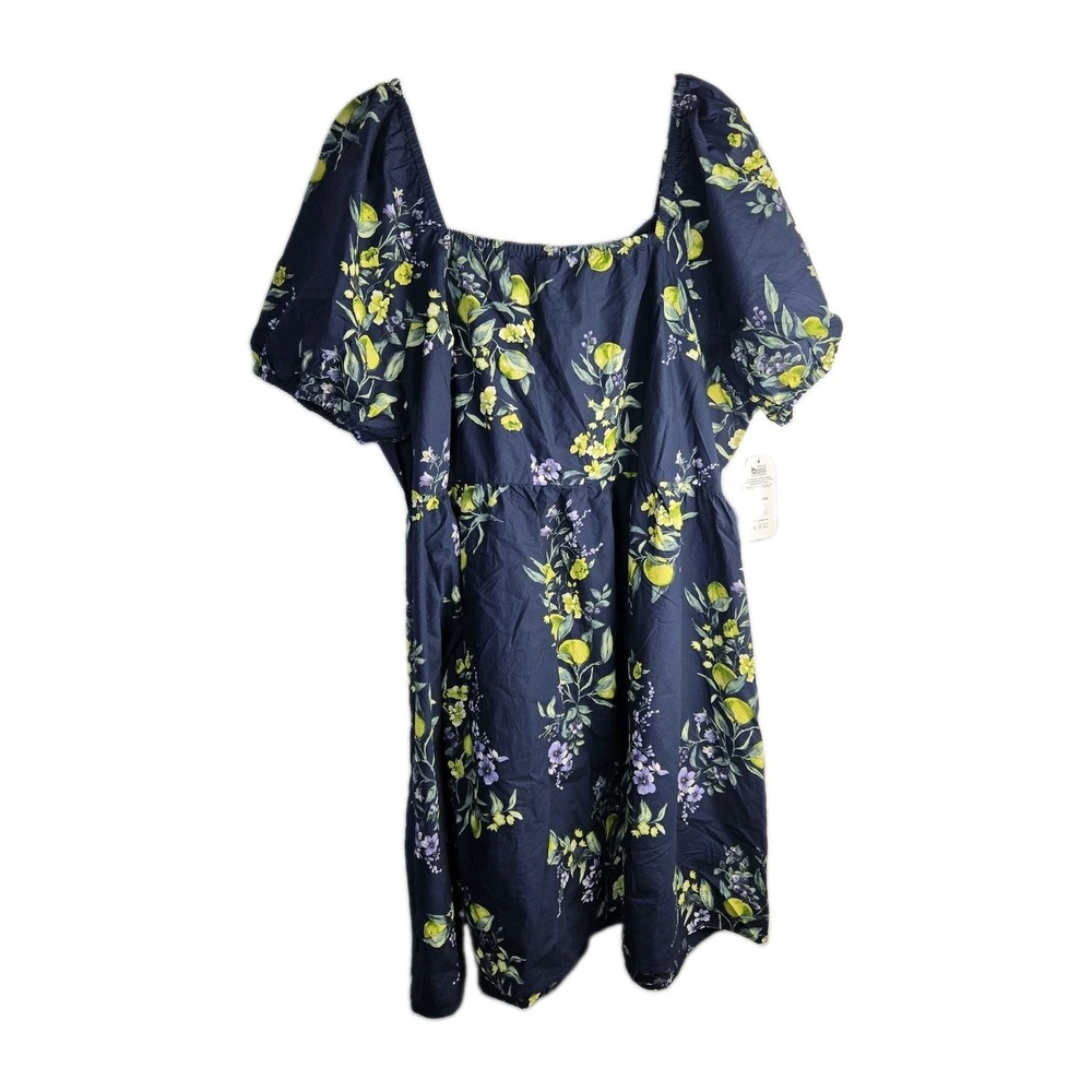 Time and Tru Cotton Lemon Print Puff Sleeve Dress 3X Navy Pockets Tie Back Flare